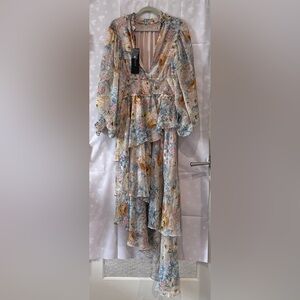 Elliatt Floral Ruffle Tiered Maxi Dress in Pastel Blue, Yellow & Pink